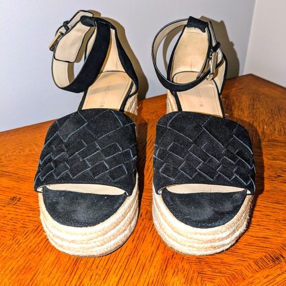 MARC FISHER VARIN Espadrille Wedge Platform Black Leather Suede Sandals  Sz 8M - Picture 3 of 14